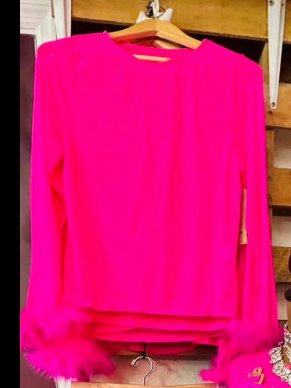 Hot Pink Long Sleeve Feather Cuff Blouse